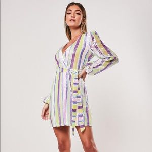multi stripe sequin wrap balloon sleeve mini dress